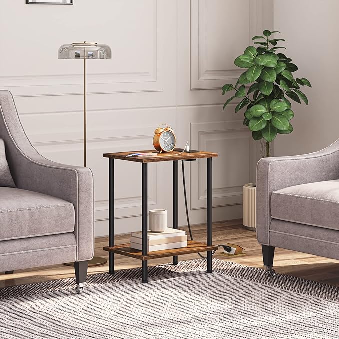HOOBRO Side Table with Charging Station, Small End Table with USB Port and Outlet, Nightstand with 2-Layer Storage Shelves for Small Spaces, Living Room, Bedroom, Stable Frame, Rustic Brown BF09UBZ01