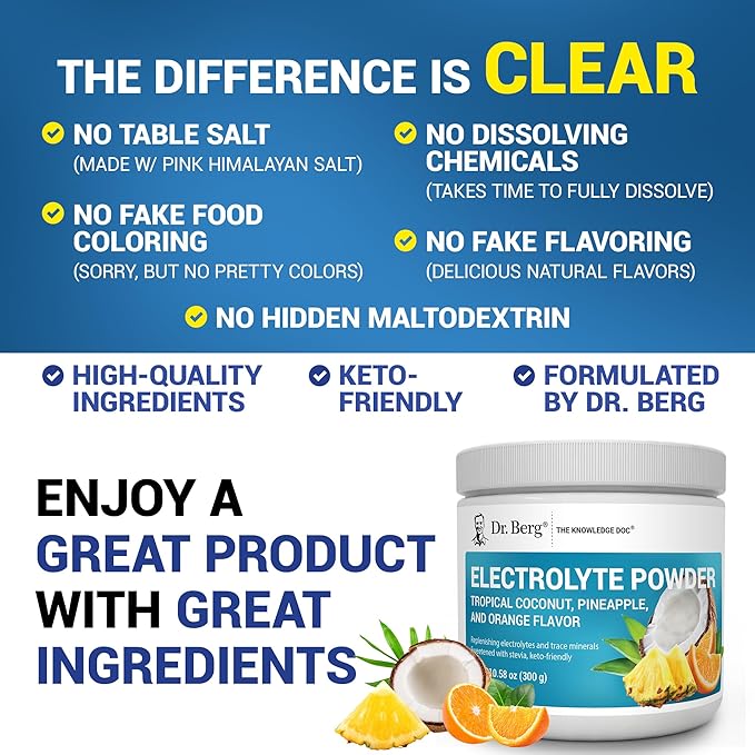Dr. Berg Zero Sugar Hydration Keto Electrolyte Powder - Enhanced w/ 1000 mg of Potassium & Real Pink Himalayan Salt (NOT Table Salt) - Tropical Coconut, Pineapple & Orange Drink Supplement 50 Servings