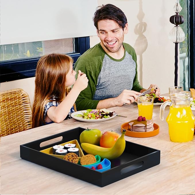 NIUBEE Black Serving Tray 12x16 Inches - Spill-Proof Acrylic Organizer with Handles for Coffee Table, Ottoman & Countertop | Decorative Tray for Breakfast in Bed, Drink Serving & Home Organization