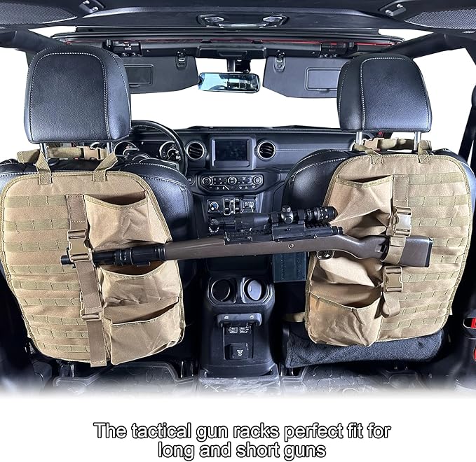 SUNPIE 2 Pcs Seat Back Truck Gun Rack，Automotive Gun Racks with Molle Panel Universal Seatback Storage Pockets Tactical Car Seat Back Organizer for Hunting Accessories Storage,Khaki