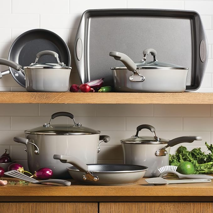 Rachael Ray Cookware Classic Brights Hard Enamel Aluminum Nonstick Cookware Set, 14-Piece, Sea Salt Gray