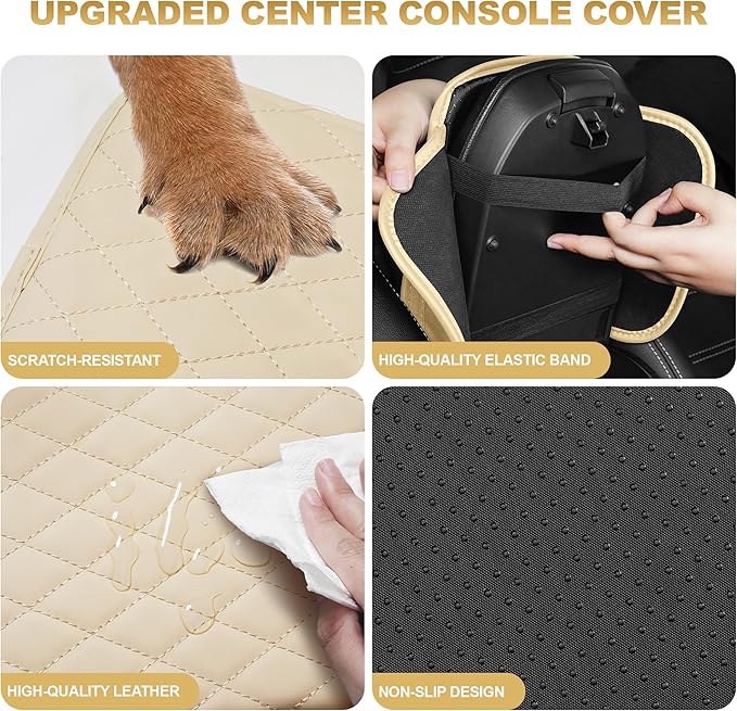 Center Console Cover for TSX: Armrest Cover for Car with 2 Storage Bags - Scratch & Wear Resistant & Waterproof Leather Console Cover,Anti-Scratch Auto Armrest Pad Accessory （Beige