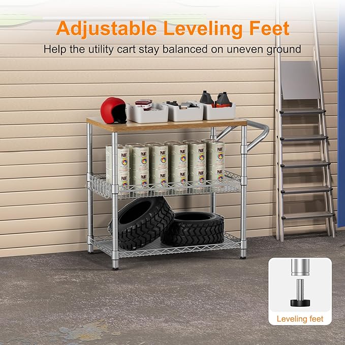 NTE Rolling Kitchen Carts on Wheels, 650Lbs Capacity 3 Tier Utility Cart with Wood Tabletop, Kitchen Storage Cart with 8 Hooks, Metal Serving Cart with Handle and Shelf Liners for Kitchen, Restaurant
