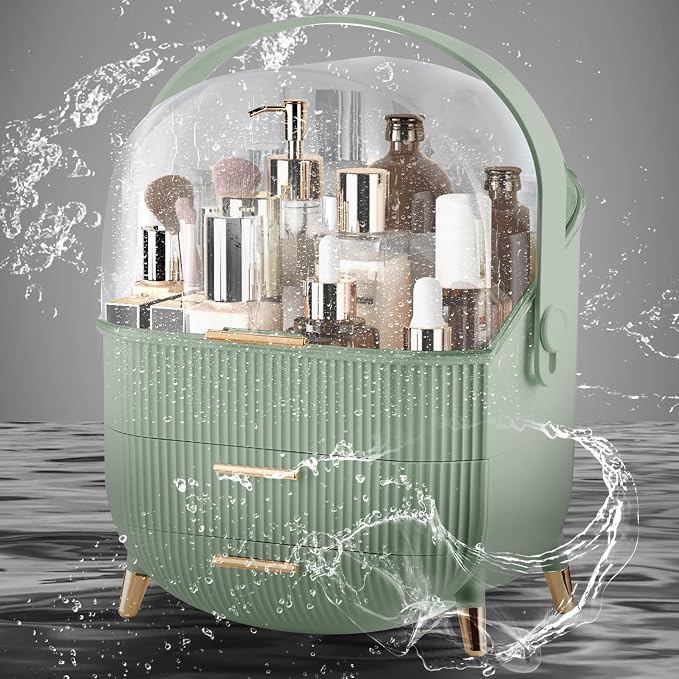 Makeup Organizer for Vanity, Large Capacity Skincare Cosmetic Organizer Countertop with 2 Drawers, Cosmetic Display Cases Makeup Storage Box for Bedroom, Bathroom, Ideal Gifts for Women(Green)