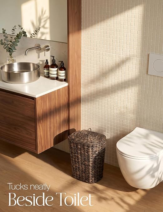 Tidita 3 Gallon Large Wicker Trash Can with Lid, Boho Bathroom Garbage Can | Water Hyacinth Construction, Space-Saving Shape, Reinforced Inner Iron Frame, Removable Liner For Easy Emptying, Black Color