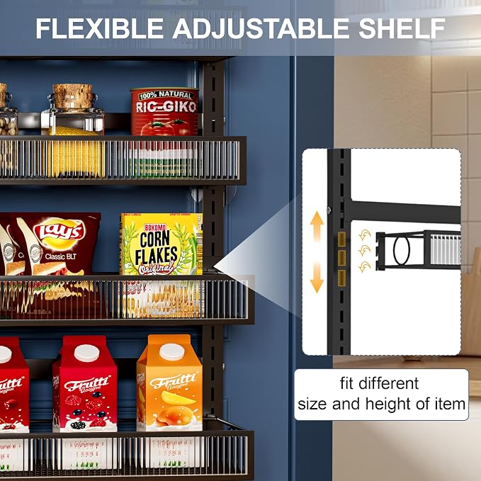 Over the Door Pantry Organizer 6 Tier Hanging or Wall Mounted Spice Rack with Adjustable Basket,Heavy Duty Metal Seasoning Organizer Shelf for Kitchen Pantry and Bathroom