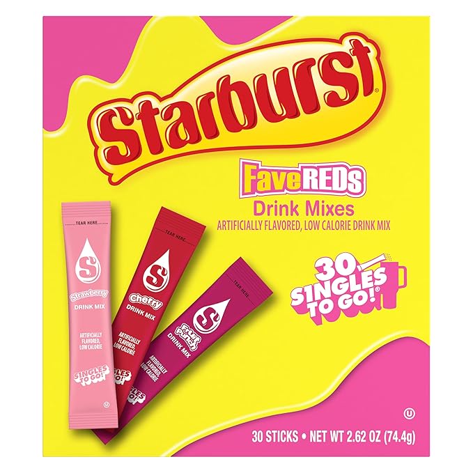 SINGLES TO GO! Starburst Variety Pack, Watertok Powdered Drink Mix, Includes 3 Flavors, Strawberry, Cherry And Fruit Punch 1 Box (30 Servings)