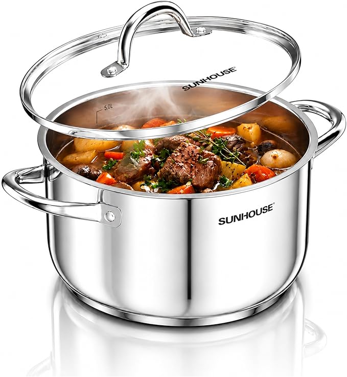 Sunhouse Stock Pot with Lid - 7 QT Large Pot for Cooking Pasta, Soup, Spaghetti - Impact Bonding Base Big Stainless Steel Pots for Canning, Boiling - Oven Safe & Induction Compatible Cookware