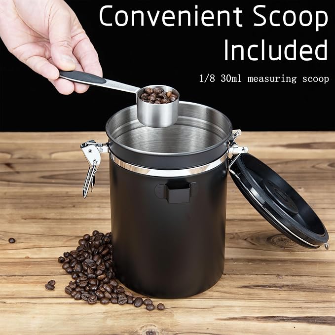 Kmass Kmaxx 2pack 22oz Airtight Stainless Steel Coffee Canister Food Storage Container with Date Tracker and Measuring Scoop for Coffee Beans or Grounds, Tea, Sugar, Rice (BLACK)