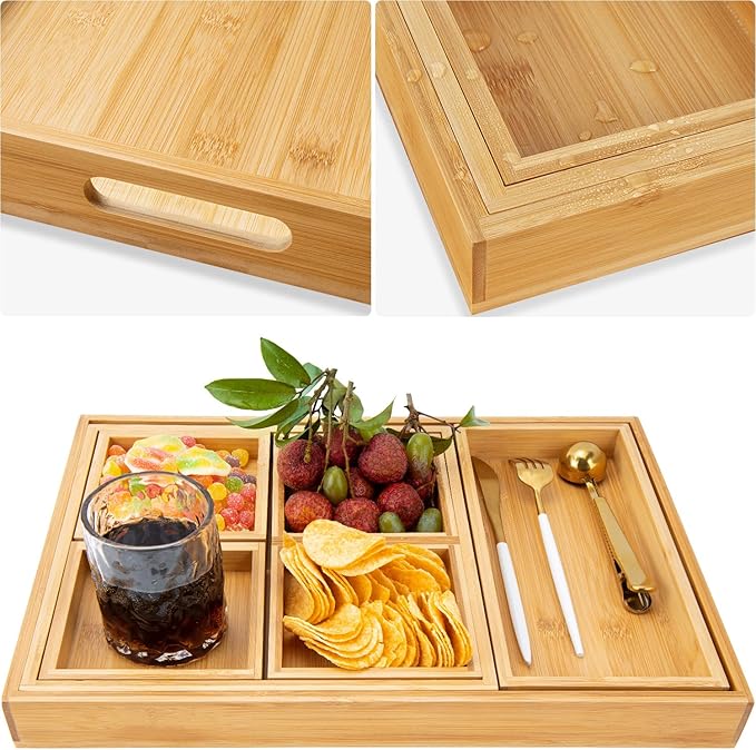 Wooden Serving Trays with Handle - Set of 7 - Large, Medium, Small and Mini - Nesting Multipurpose Trays - for Breakfast, Coffee Table/Butler & More - Light & Sturdy Wood Tray
