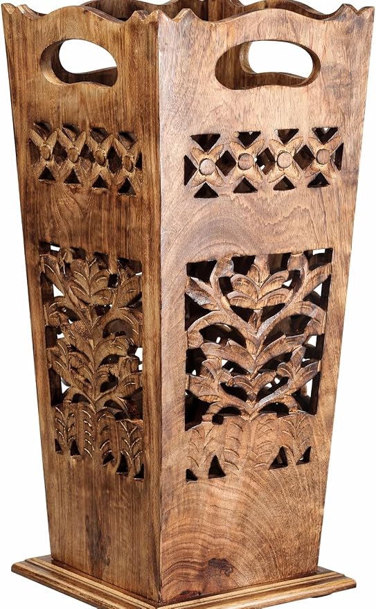 Hand-Carved Wooden Umbrella Stand & Walking Cane Holder, 21 Inch Tall Decorative Umbrella Rack, Rustic Floor Storage Organizer for Entryway, Hallway, Home & Office