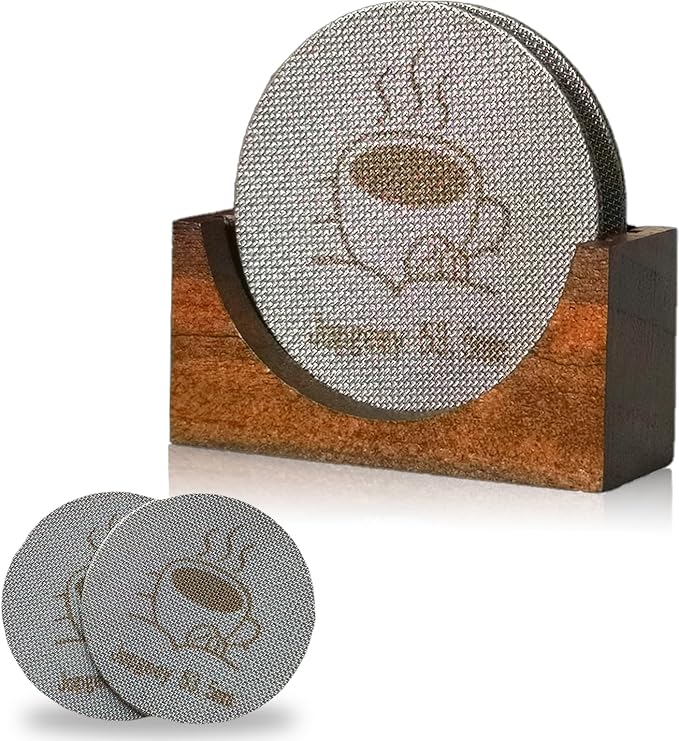 2 Packs 53.5mm Espresso Puck Screen with Stand, Reusable Coffee Filters Compatible with Breville Barista 54mm Portafilter Basket, 1.7mm Thickness 150μm 316 Stainless Steel Espresso Machine Accessories