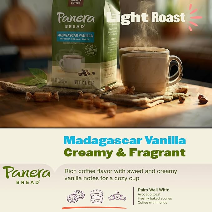 Panera Madagascar Vanilla Ground Coffee - Light Roast, Natural Vanilla Flavor - 100% Arabica, No Artificial Ingredients - Bakery-Cafe Quality - 12oz Bag, Pack of 6 (72oz Total)