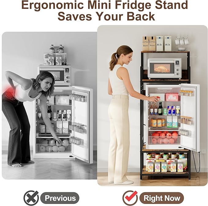 Mini Fridge Stand Microwave Combo Cabinet Station With Small Refrigerator Insert Storage Space, Shelf Organizer Unit For Dorm Room Coffee Bar To Sit, Big Table With Power Outlet To Go Over Fridge