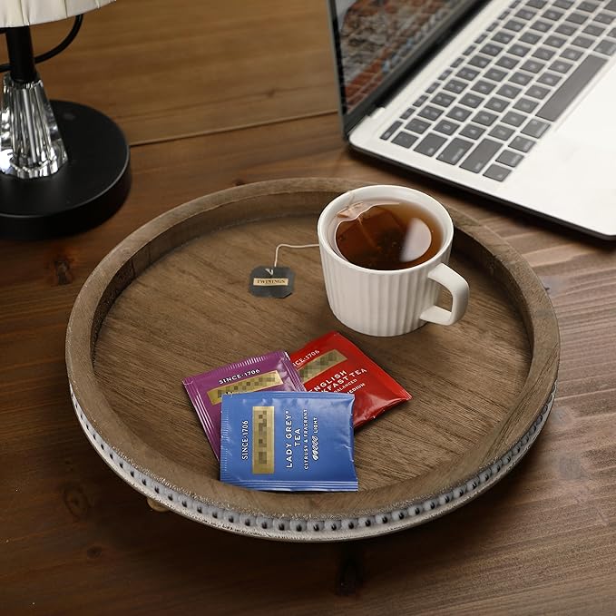 Bamboo Land- Round Decorative Trays for Coffee Table, 12", Warm Brown, Wood Tripod & Beaded Design, Wooden Round Tray for Coffee Table