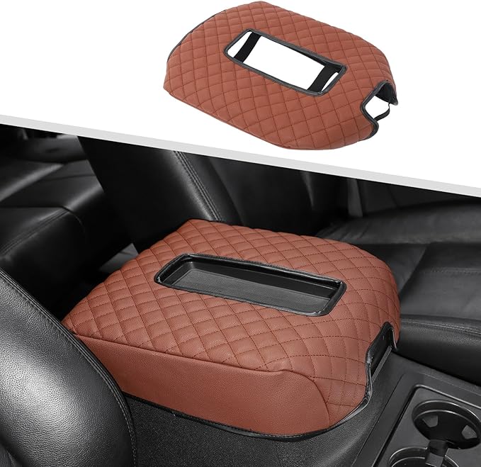 Jimen Car Center Console Cover Pad Fit for Chevy Silverado/Avalanche/Tahoe/Suburban 2007-2013, Leather Armrest Cover Fit for GMC Yukon 2007-2013 (Brown)