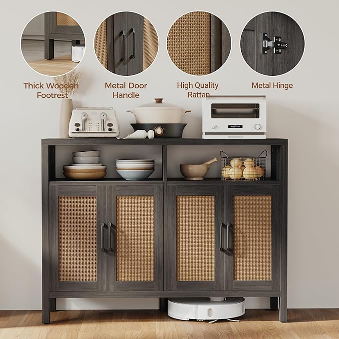Mericonia Rattan Buffet Cabinet with Storage, Sideboard with Doors, Console Table, Farmhouse Coffee Bar, Modern Wood Storage Cabinets TV Stand(Brown Black 2.0)