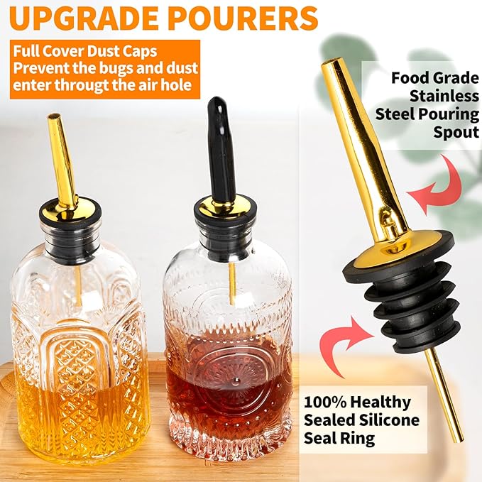 Syrup Dispenser Bottles Set of 3, Simple Syrup Bottle for Coffee Bar Accessories,7 oz Glass Coffee Syrup Containers for Maple Honey Syrup Oil, with Metal Pour Spouts, Stoppers,Condiments Dispenser