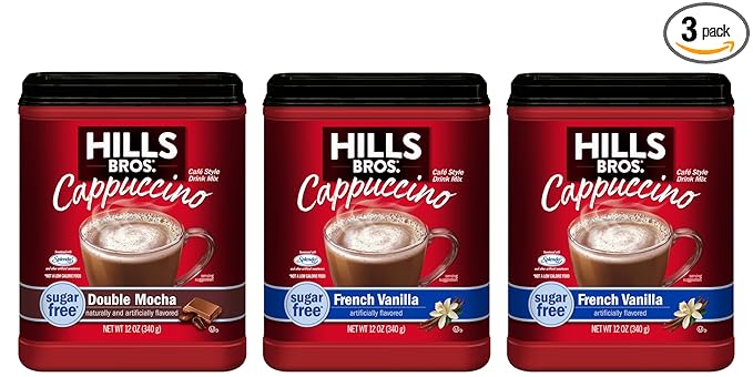 Hills Bros. Cappuccino Mix – Rich, Frothy Coffeehouse-Tasting Instant Drink Mix – Quick & Easy Preparation – Perfect for Hot & Iced Drinks & Creaming Coffee – Sugar-Free Variety Pack, 3 Packs of 12oz