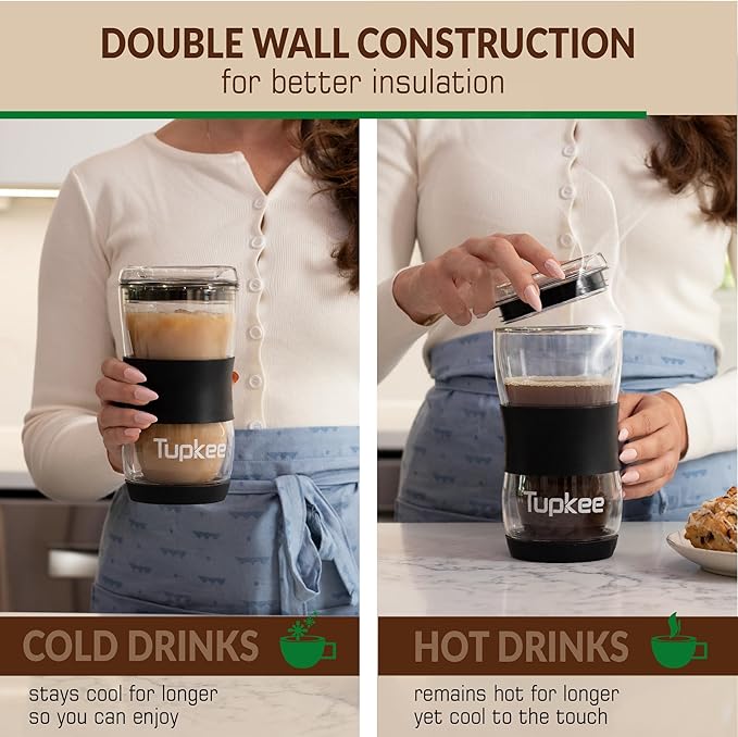 Tupkee 20 oz Double Wall Glass Tumbler With Lid – All Glass Hand Blown Reusable Insulated Travel Mug - For Coffee, Tea, Boba, Iced Coffee, and Smoothie Cup To Go – Black