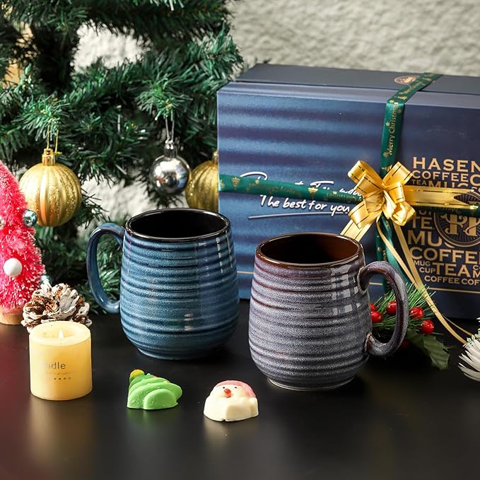 HASENSE Ceramic Coffee Mug Set, 20 Oz Tea Cups for Women and Men, Premium Large Latte Mugs with Handle, Gift Cup with Coaster & Gold Spoon for Couples, Blue & Purple