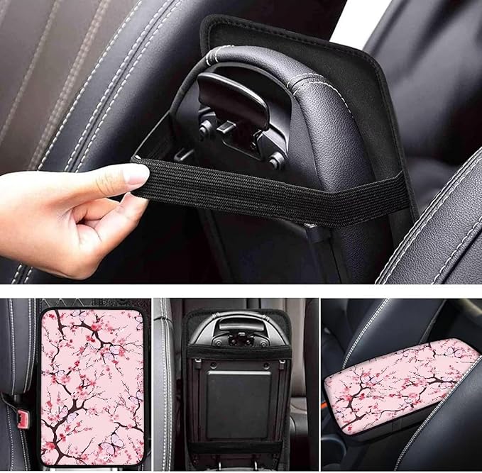 Pink Cherry Blossom Thin Car Armrest Pads Auto Armrest Box Cover Comfortable Middle Storage Organizer Pad Universal Style Car Accessories Decor