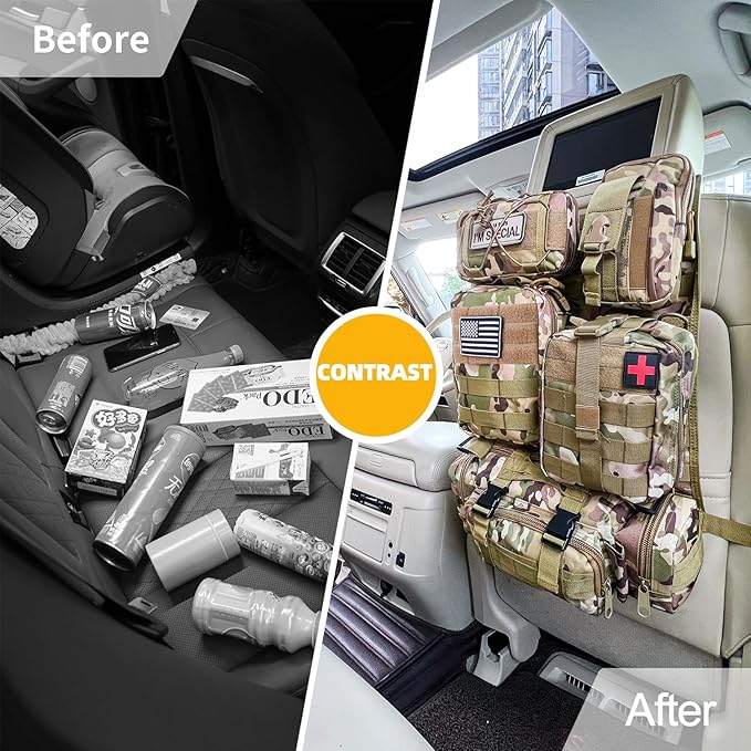 Tactical Vehicle Seat Back Organizer, Universal Tactical Seat Cover Molle Panel with 5 Detachable Pouches - Medical, Phone, Admin Storage Bags Fit for Jeep Truck Car Camping Off Road (CP Camo)