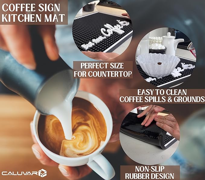 But First Coffee Mat for Countertop, Rubber Bar Mat and Coffee Bar Sign 18 x 12 in, Kitchen Accessories for Countertop, Bar Mats for Bartending