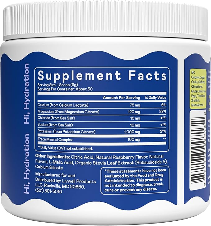 Hi-Lyte K1000 Blue Raspberry Electrolytes Powder, 50 Servings - 1000mg Potassium + Magnesium, Sodium, Trace Minerals - 0 Carbs, 0 Sugar