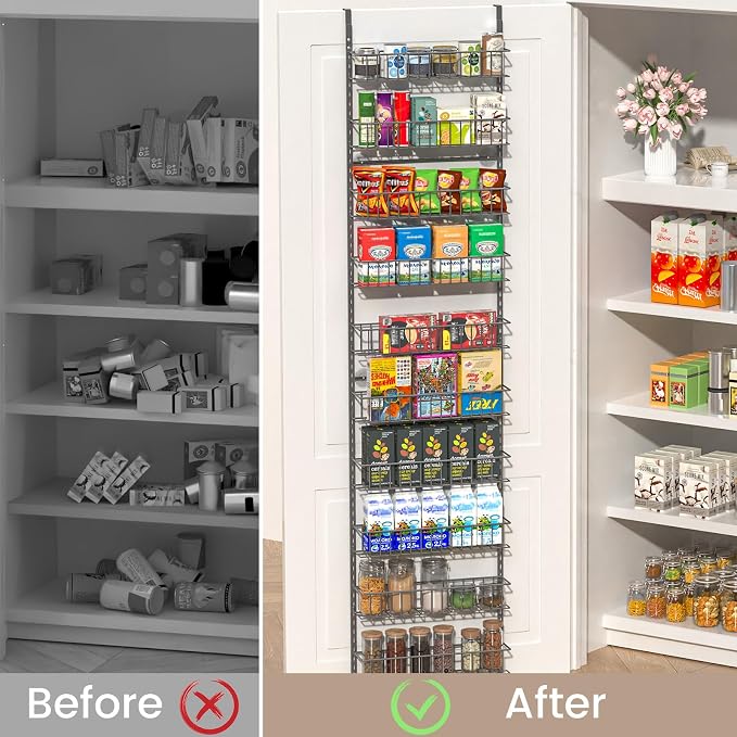 ElegantArray 10-Tier Pantry Door Oragnizer, Over The Door Pantry Organizer Rack and Storage, Hanging Spice Rack Shelves Door, Home Office Laundry Room Bathroom & Kitchen Organization, Deep Gray