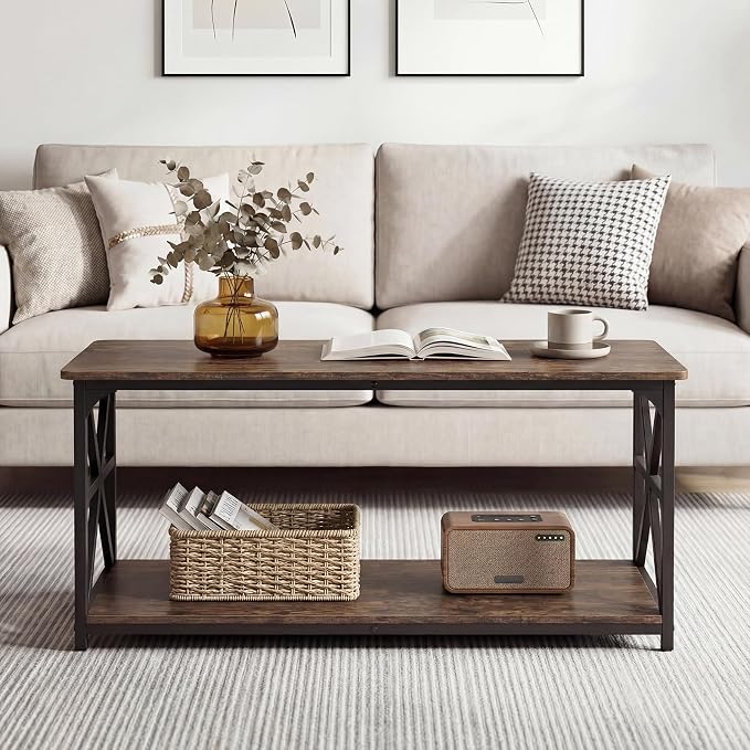 Giantex Farmhouse Coffee Table, 43" Center Table with Storage & X-Shaped Frames, 2-Tier Modern Accent Cocktail Tea Table, Rectangular Wooden Living Room Tables for Small Spaces, Rustic Brown