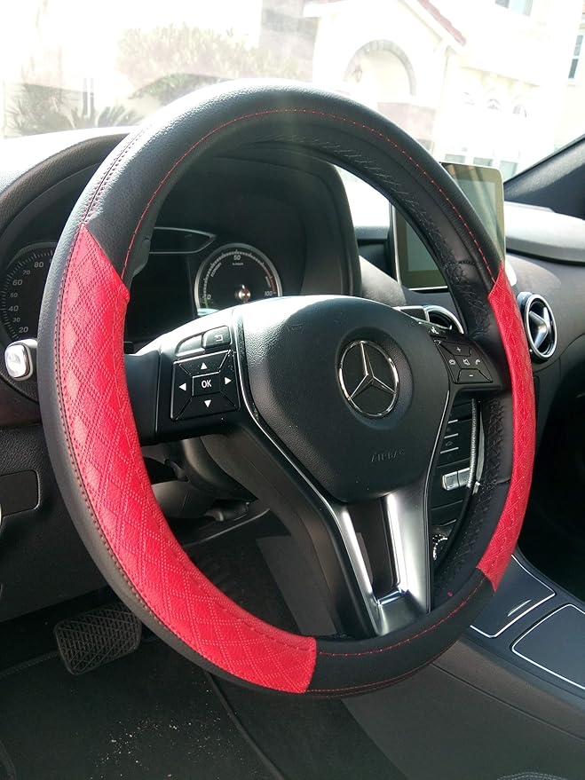 Jdragon Black & Red PU Leather Great Comfort Slip-On Steering Wheel Cover 14.25-15" Diameter
