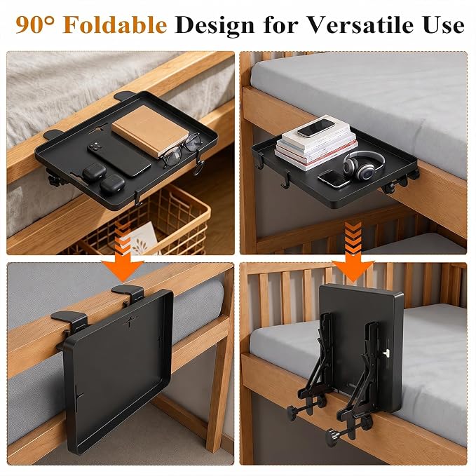 Bedside Bunk Bed Shelf for College Dorm Essentials, Bedside Caddy with Cable Catch & Bedside Organizer, Floating Nightstand for Bed Room, Office, Dorm Room, Metal Beside Tray, Bed Table, Black