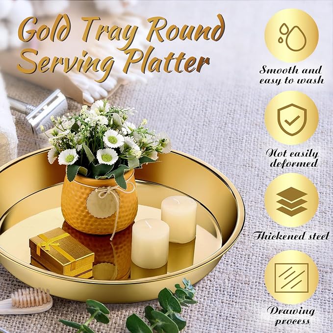 Thenshop 3 Pcs 15 Inch Gold Round Serving Tray Stainless Steel Circle Decorative Vanity Gold Plate Metal Jewelry Makeup Organizer Dishes for Gift Wedding Coffee Table Bathroom Dessert Christmas