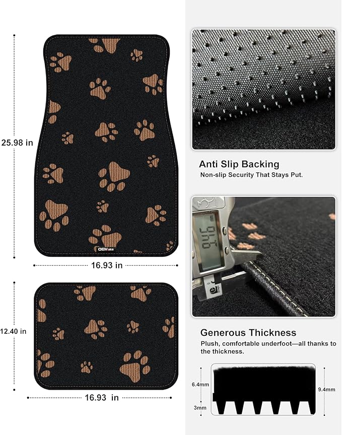 Cute Embroidered Dog Paw Car Floor Mats for Pet Lovers, Universal Fit All Weather Car Mats with Anti-Slip Nibbs Backing, Carpet Floor Mats for Cars, Trucks & Sedans, Full Set of 4 (Brown Paw)