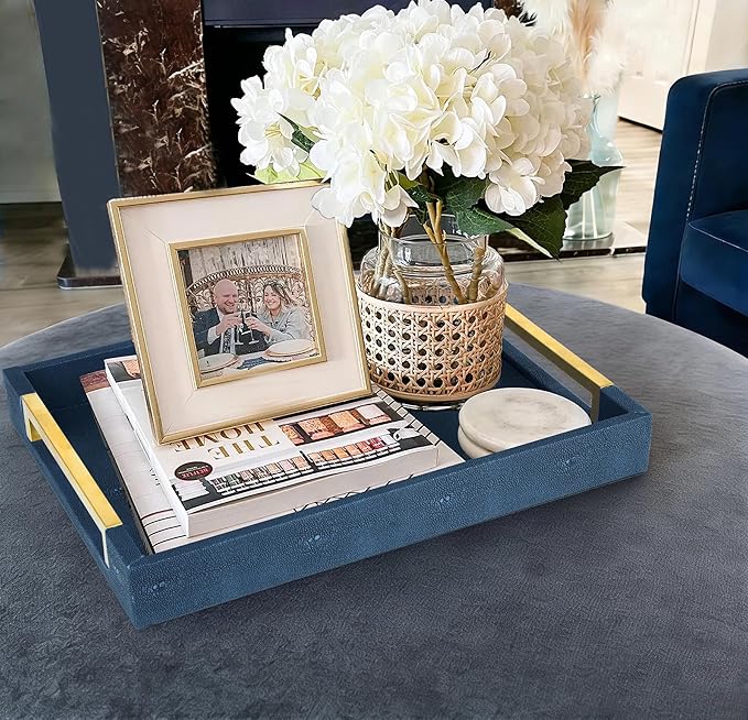 HofferRuffer Faux Leather Serving Tray with Gold Metal Handles, Stylish Decorative Tray Organizer for Coffee Table, Ottoman, Home Decor and Serving (Blue Shagreen, 16.2" x 12.2" x 2")