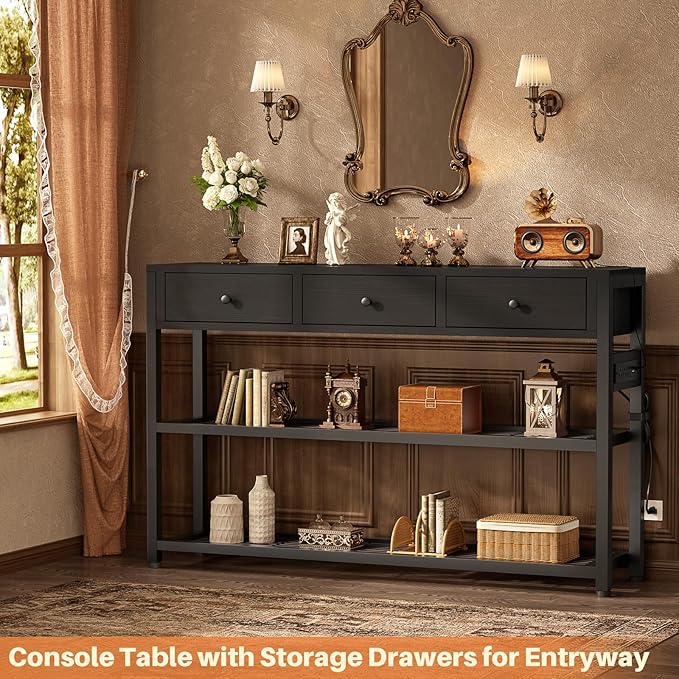 Ecopriso 47'' Entryway Table with Outlets and USB Ports, Console Table with 3 Drawers, Sofa Table Narrow Long with Storage Shelves for Living Room, Couch, Hallway, Foyer, Kitchen Counter, Black