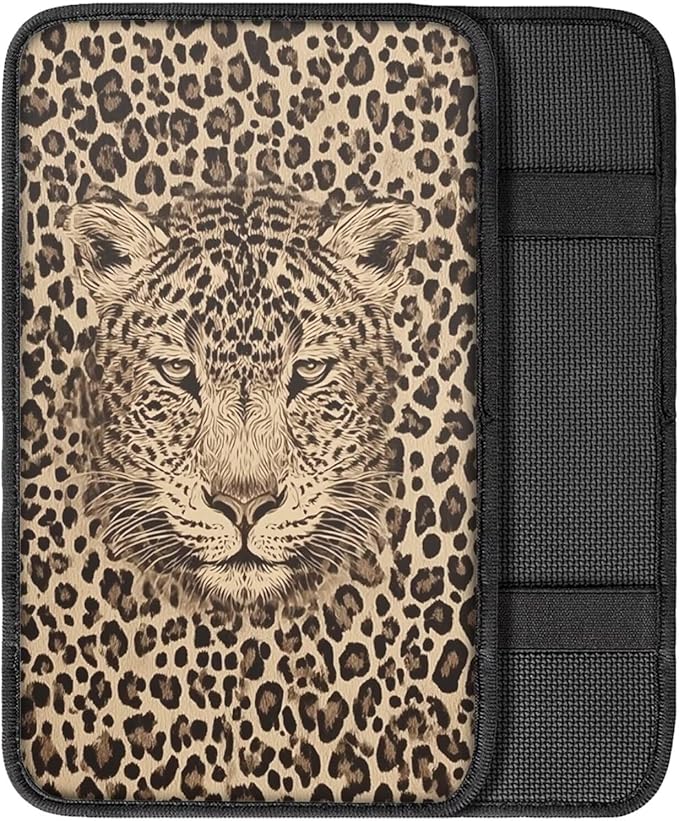 Leopard Print Armrest Cover Pad for Car Scratch Proof Decorative Vehicle Center Console Armrest Cover Pad Suitable for Most Vehicle Truck SUV Sedan