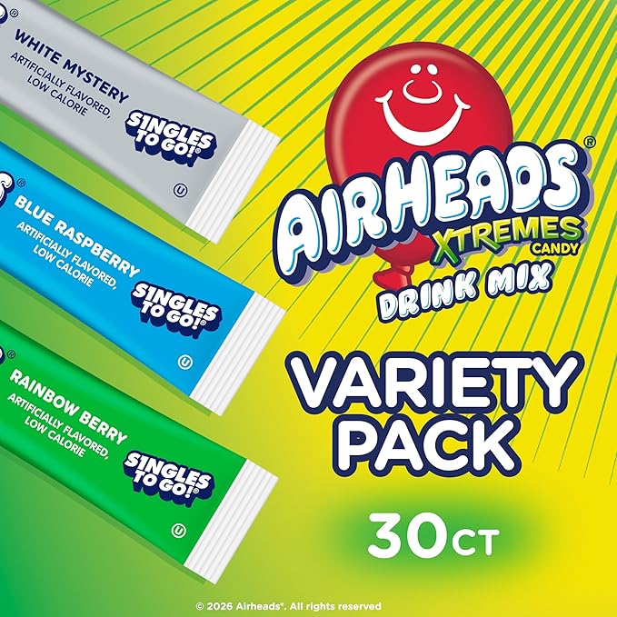 Airheads Xtreme Singles To Go! Drink Mix 30ct Variety Pack, Zero Sugar, Low Calorie, Sweet & Sour Powder Drink Mix Packets, Blue Raspberry, Rainbow Berry, White Mystery, 30 Count