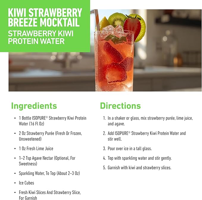 Isopure Clear Protein Water with Electrolytes, 15g Whey Protein Isolate, Zero Sugar, Strawberry Kiwi, 20 fl oz, 12-Pack