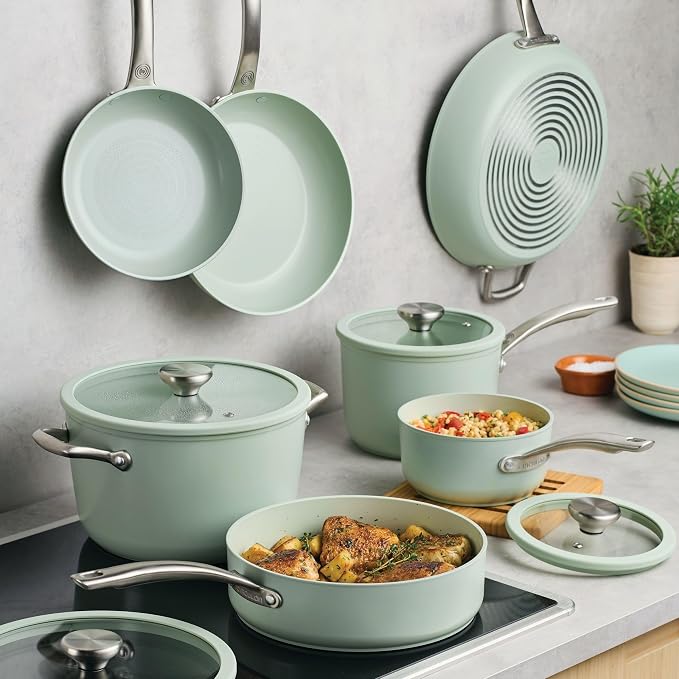 Circulon Halo with LaserDefense Ceramic Nonstick Cookware Set, 11-Piece Pots and Pans Set, Sage