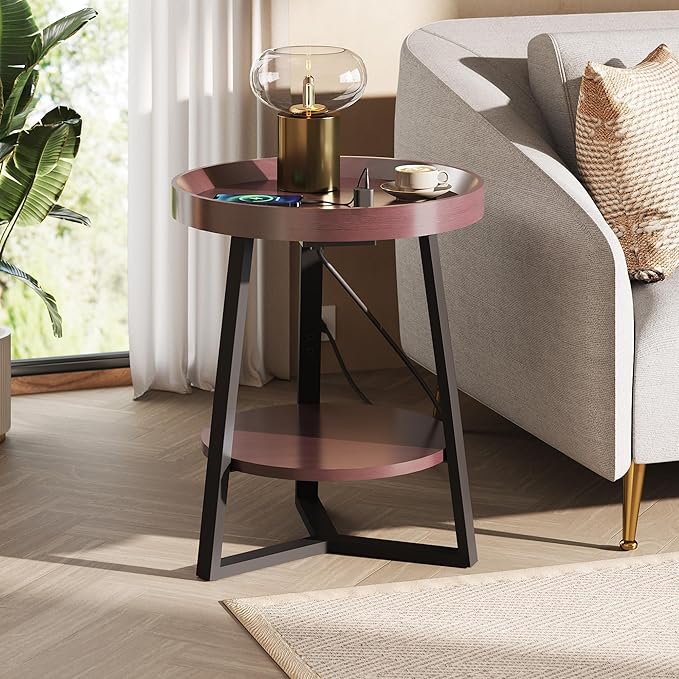 WLIVE Round End Table with Charging Station, Small Round Coffee Table, 2 Tier Side Table for Living Room/Bedroom, Sofa Couch, Wood Tabletop & Metal Frame, Brown