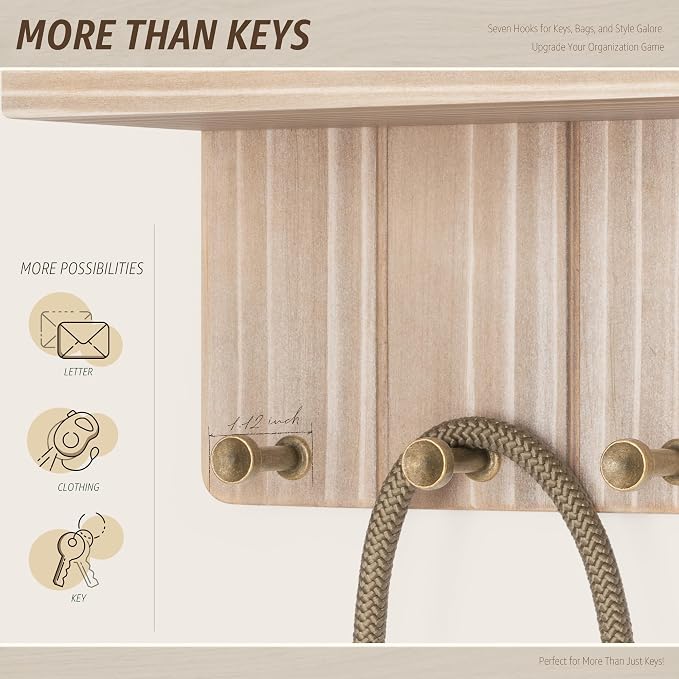 Rebee Vision Key Holder Wall Mount for Farmhouse Decor - Key and Mail Holder for Wall with 7 Sturdy Key Hooks and Floating Shelf - Ideal for Apartment Essentials (Natural Wood