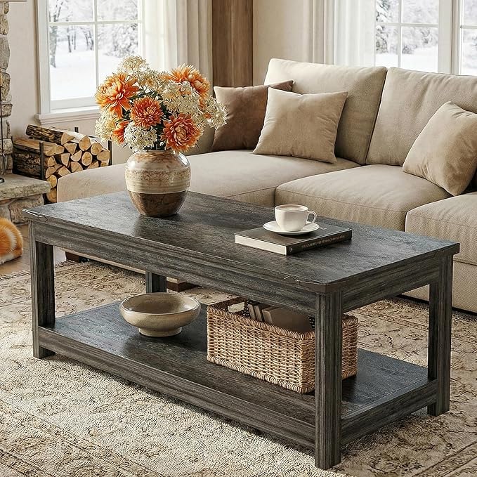 Homieasy 43.3” Rectangular Coffee Table with Storage Shelf, Farmhouse Wood Center Table for Living Room, Modern Black Tea Table with Open Shelf, Grey
