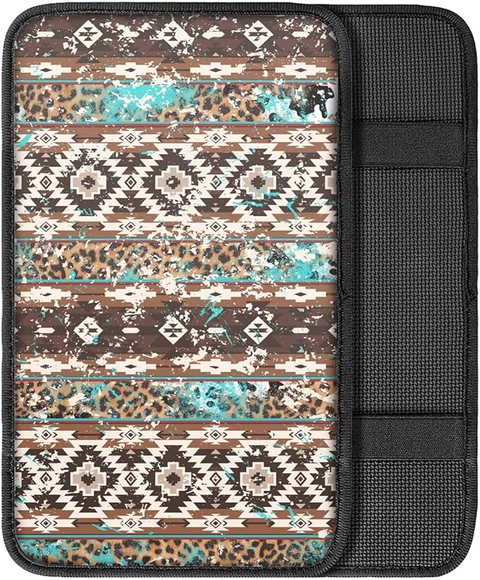 Brown Aztec Print Armrest Cover Pad for Car Soft Breathable Car Center Console Cushion Pad Dustproof Automotive Accessories Protect from Pet Claws, Sticky Fingers