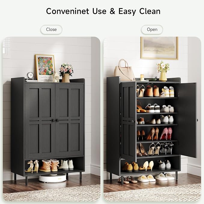 ONBRILL Shoe Cabinet with Cross Molding Doors, 6-Tier Shoe Storage Cabinet with 3 Adjustable Shelves and Metal Legs, 45'' Tall Shoes Rack Organizer Cabinet for Entryway, Front Door, Black