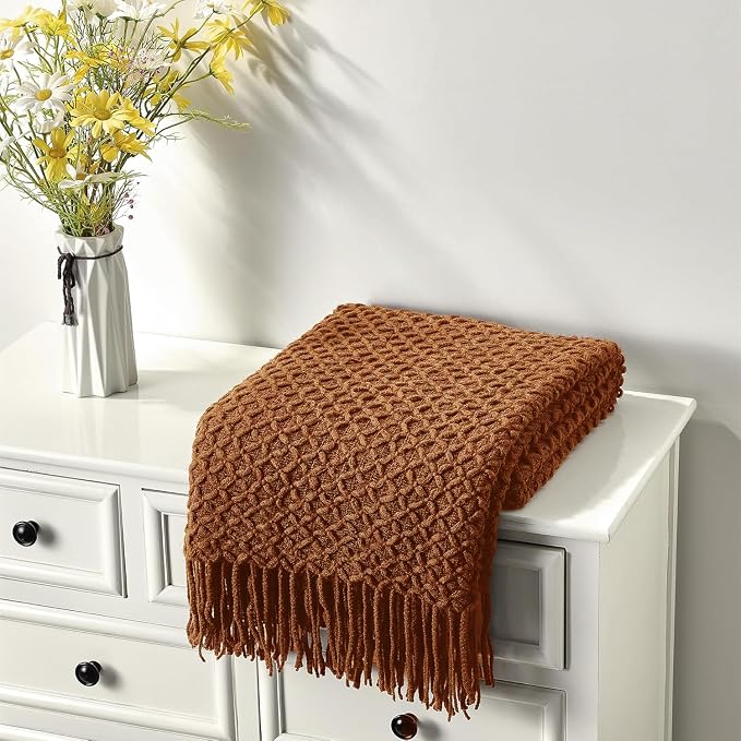 CREVENT Farmhouse Boho Knitted Throw Blanket for Couch Sofa Chair Bed Home Decoration, Soft Warm Cozy Light Weight for Spring Summer Fall (50''X60'' Light Brown)