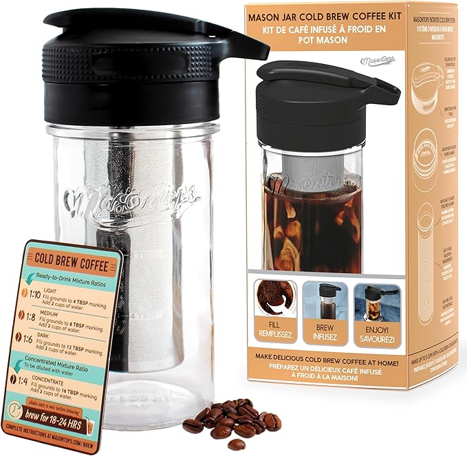 Masontops Cold Brew Makers Kit - Deluxe Iced Coffee Maker with Glass Pitcher & Stainless Steel Mesh Filter - Easy Pour Fridge Cold Brewer System