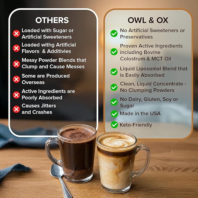 Bovine Colostrum with MCT Oil, Lactoferrin, IgG by Owl & Ox | Grass Fed, US Based | Skin Health, Gut Health and Immune Support | Sugar Free, Keto Friendly, Non GMO | Made in USA