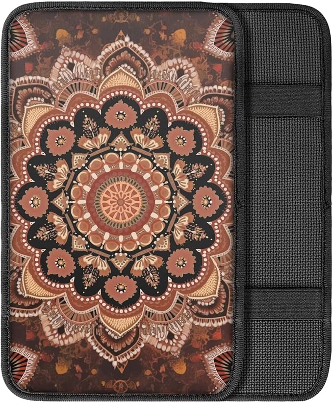 Boho Flower Print Center Console Cushion for Cars Decorative Automotive Armrest Seat Box Cover for Women Universal Fit Van SUV Truck Sedan, Brown